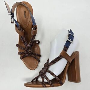 SCHUTZ DAILLEE BRAIDED CORD STRAPPY BROWN BLUE LEATHER HEELS 4" WOMENS SIZE 8.5B